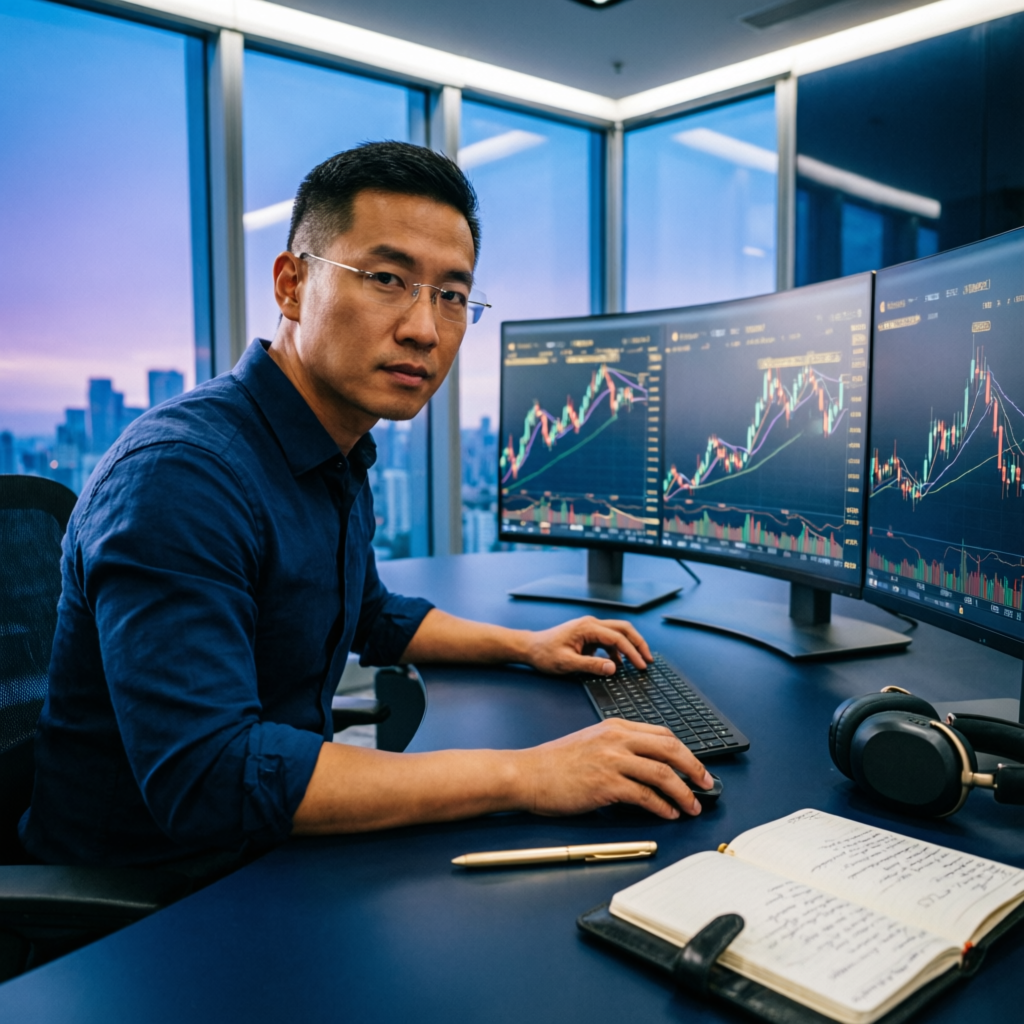 Professional forex trader analyzing live trading charts on multiple monitors