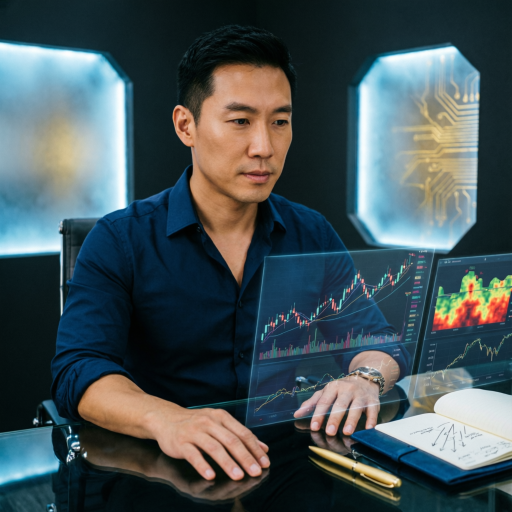 Professional trader analyzing charts with focused concentration