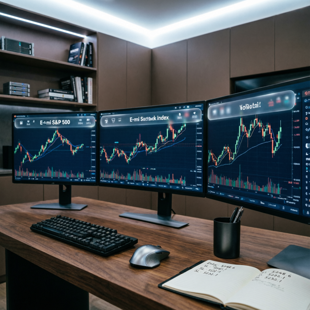 Professional futures trading setup with multiple monitors showing E-mini S&P 500 charts