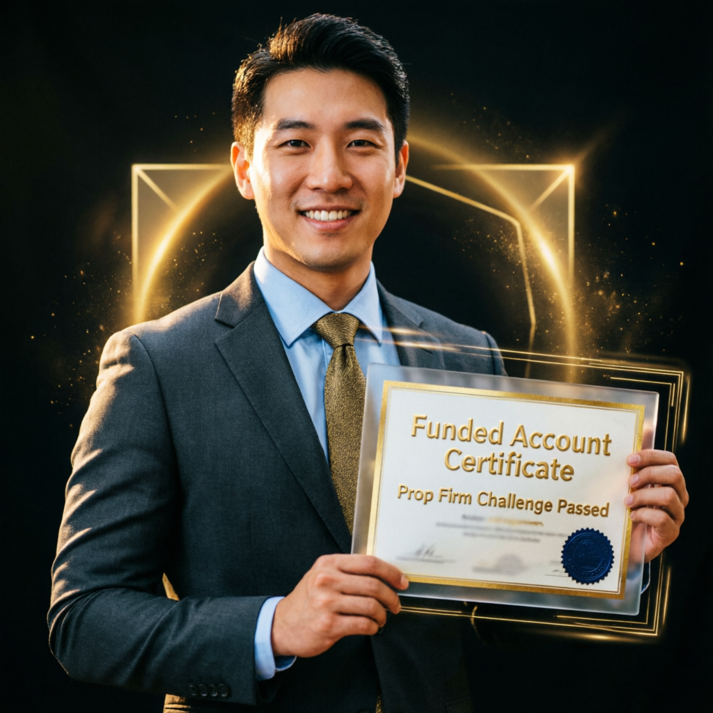 Trader holding funded account certificate after passing prop firm challenge