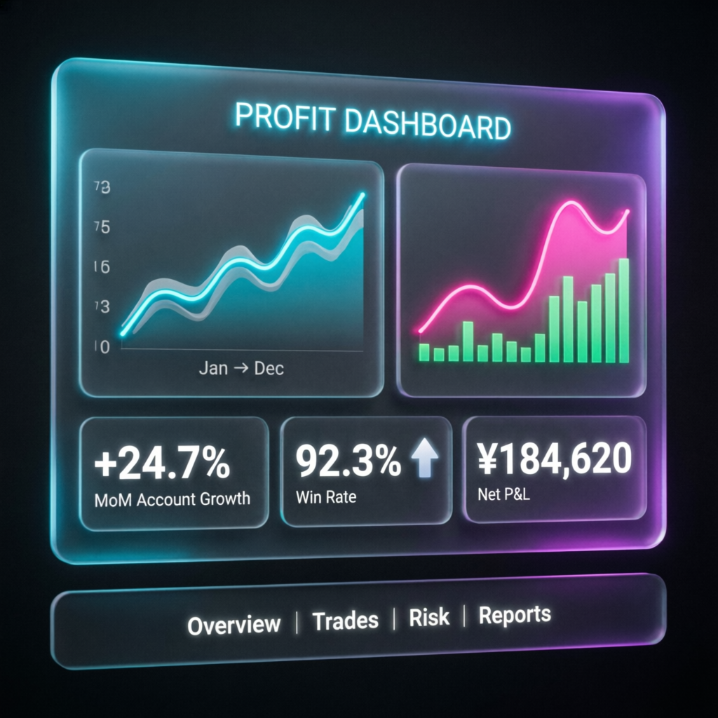 Modern prop firm trading dashboard showing account growth and performance metrics
