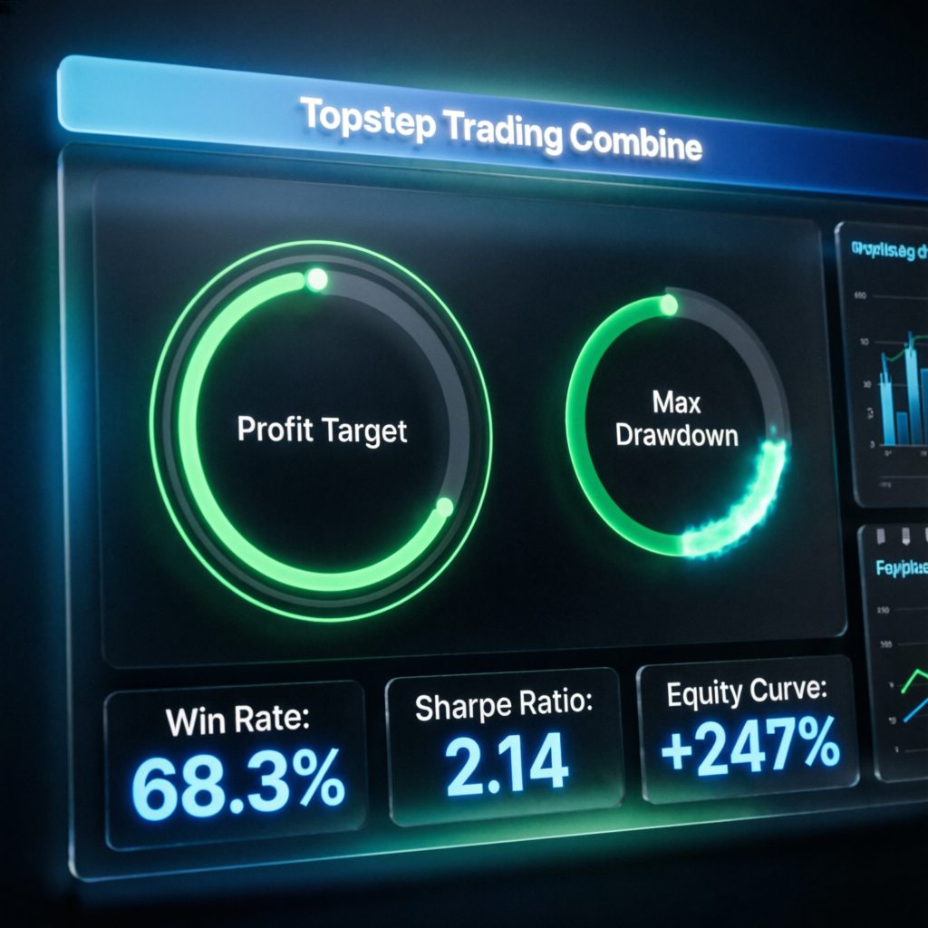 Topstep Trading Combine dashboard showing profit target and max drawdown metrics