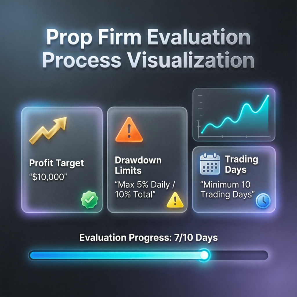 Prop firm evaluation process visualization with progress tracking