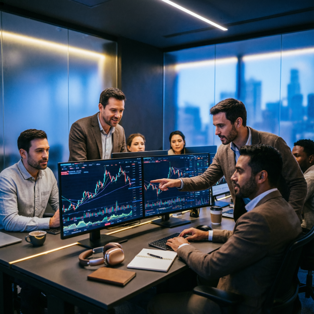 Professional trader community collaborating on trading strategies