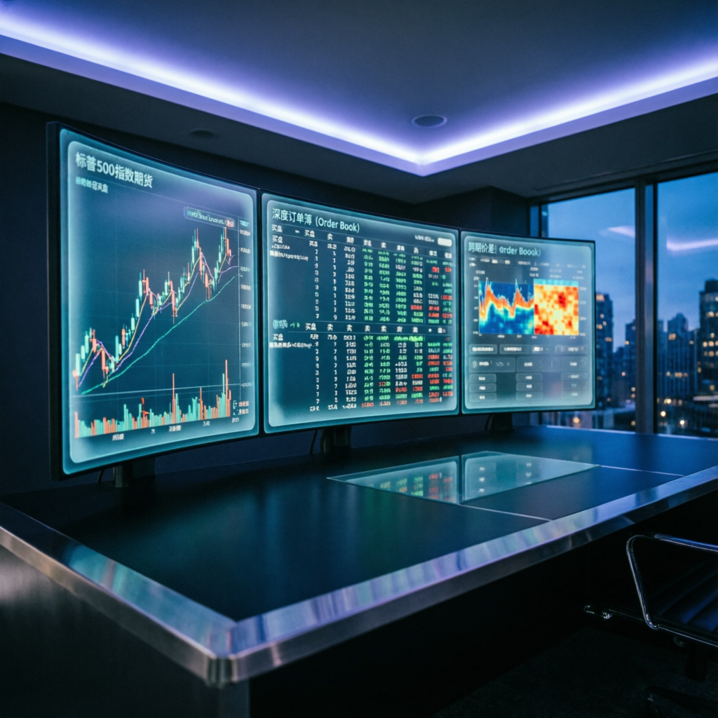 Professional trading desk with multiple monitors showing futures market data