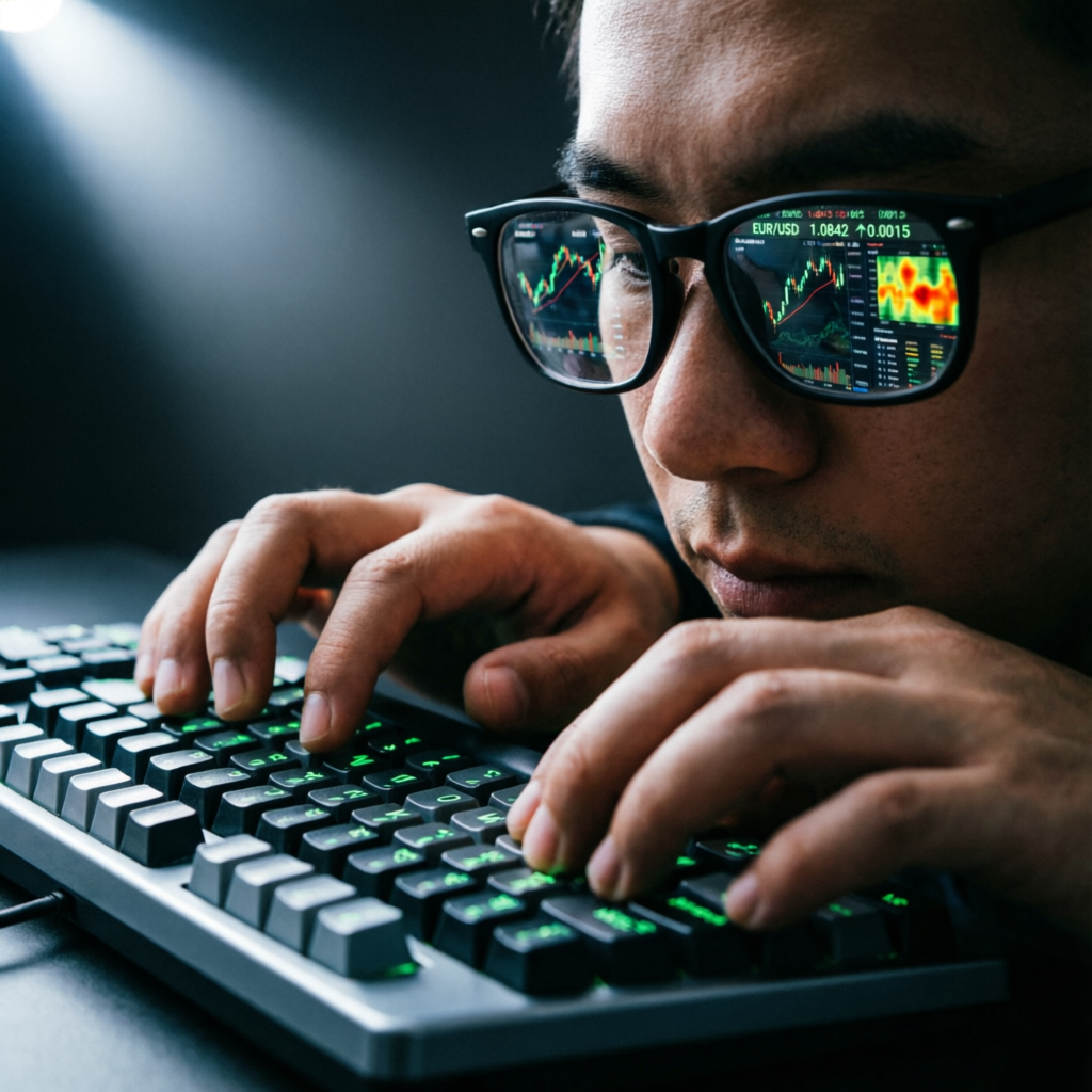 Close-up of trader analyzing charts with trading data reflected in glasses
