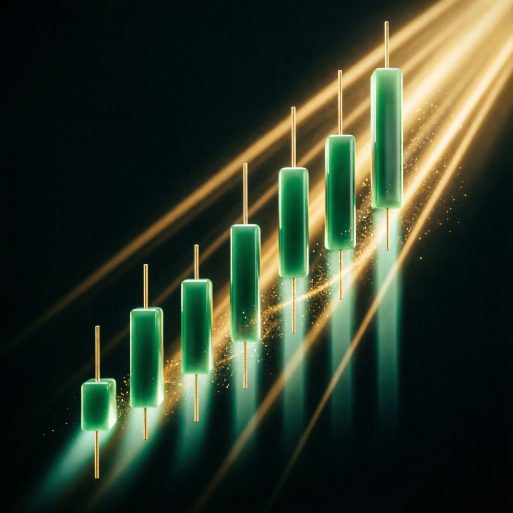 Abstract financial growth visualization with ascending green candlesticks representing funded account profit growth