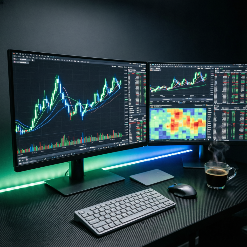 Professional forex trader workspace with multiple monitors showing live trading charts and candlestick patterns