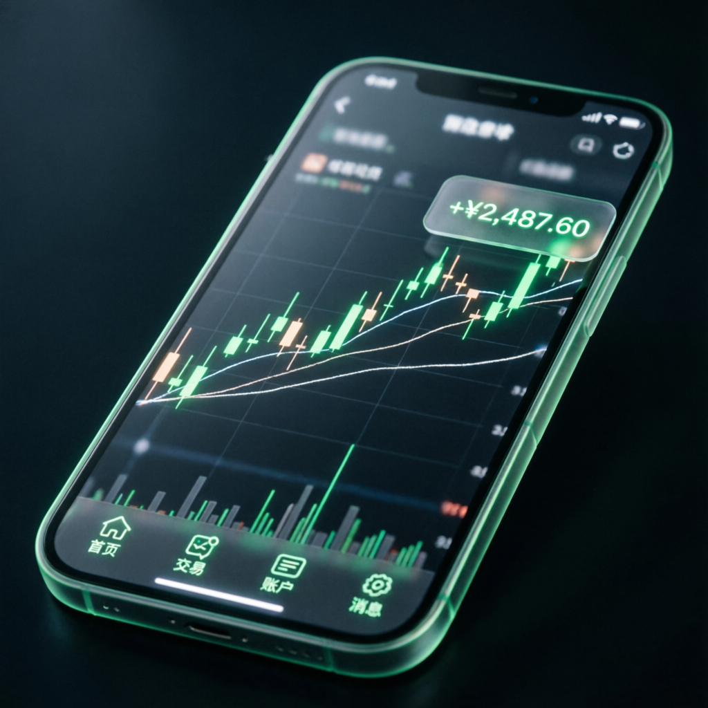 Mobile phone showing prop firm trading app with live charts and profit notifications