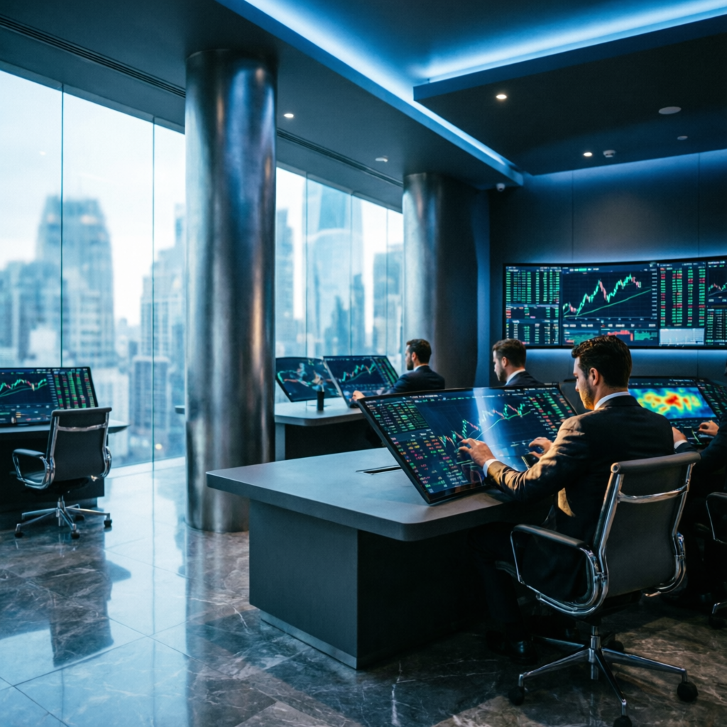 Futuristic prop trading firm office with traders monitoring multiple screens showing live market data
