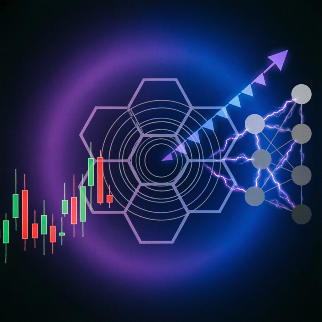 Abstract trading strategy visualization with geometric patterns and algorithmic trading concepts