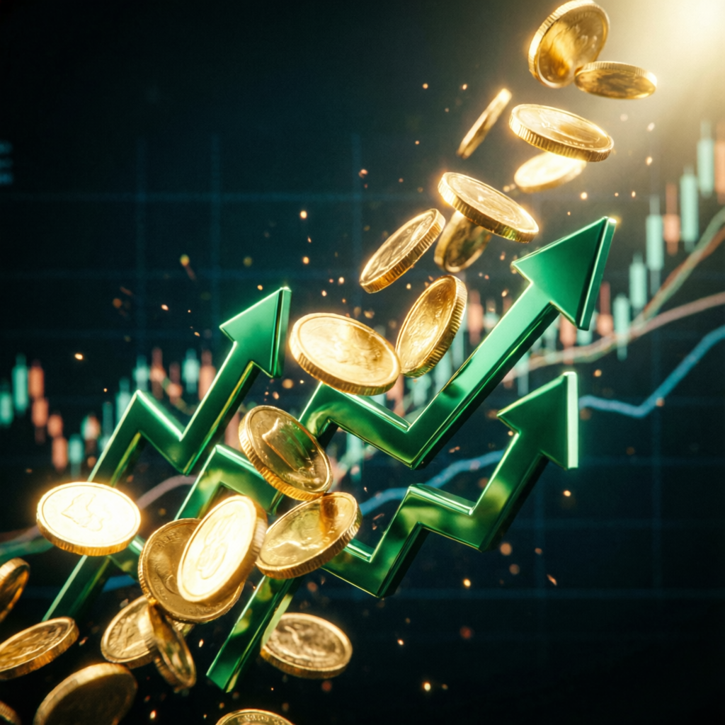 Golden coins flowing upward with green profit arrows representing successful funded account payouts