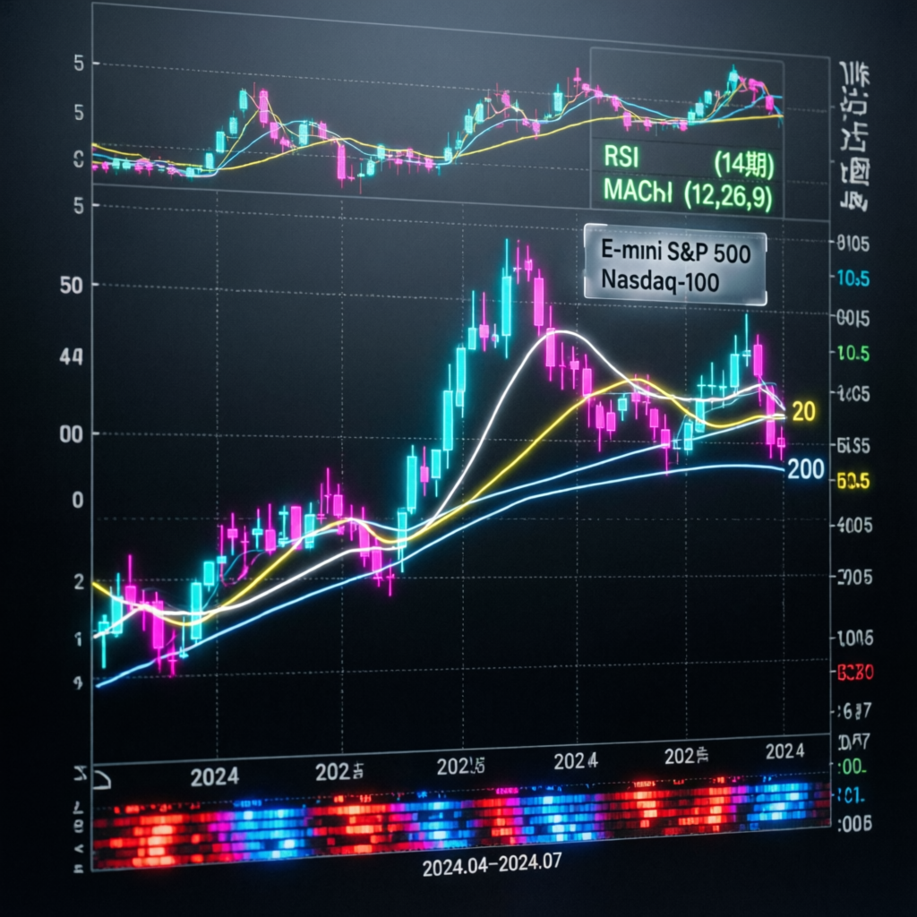 Futures trading chart with E-mini S&P 500 and Nasdaq-100 technical analysis patterns