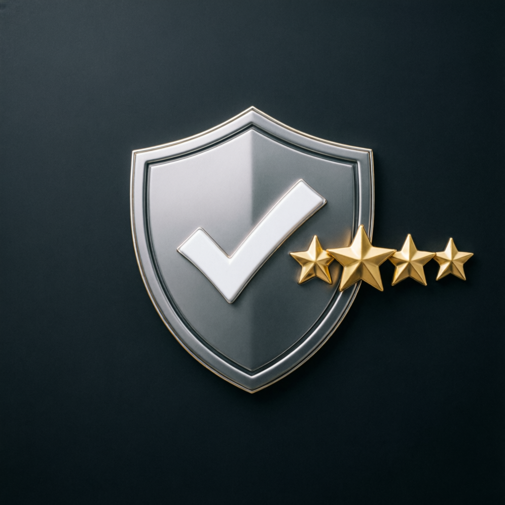 Premium trust badge design with verified checkmark and five gold stars representing trusted prop firm service