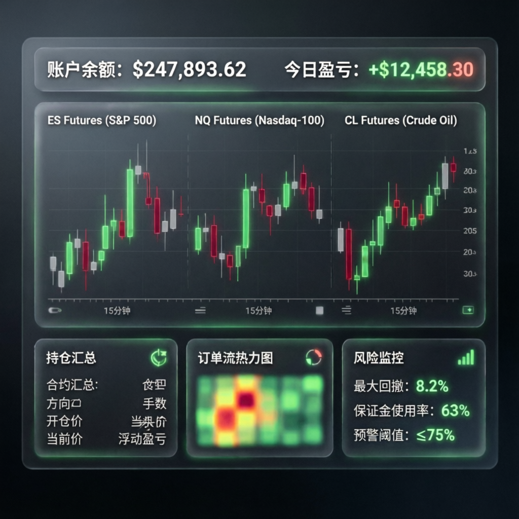 Apex Trader Funding dashboard showing live futures charts for ES, NQ, and CL with account balance and risk metrics