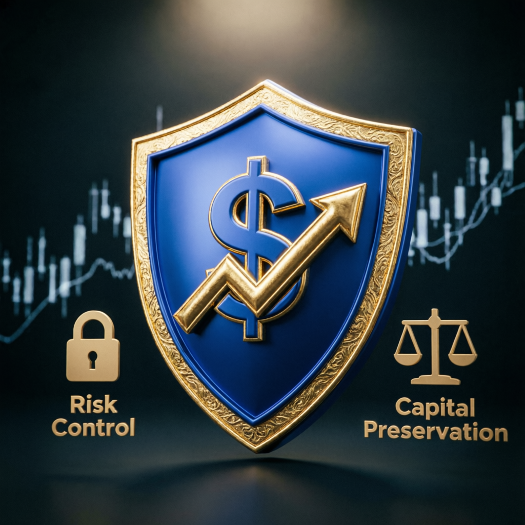 Risk management shield protecting trading capital with dollar sign and upward arrow