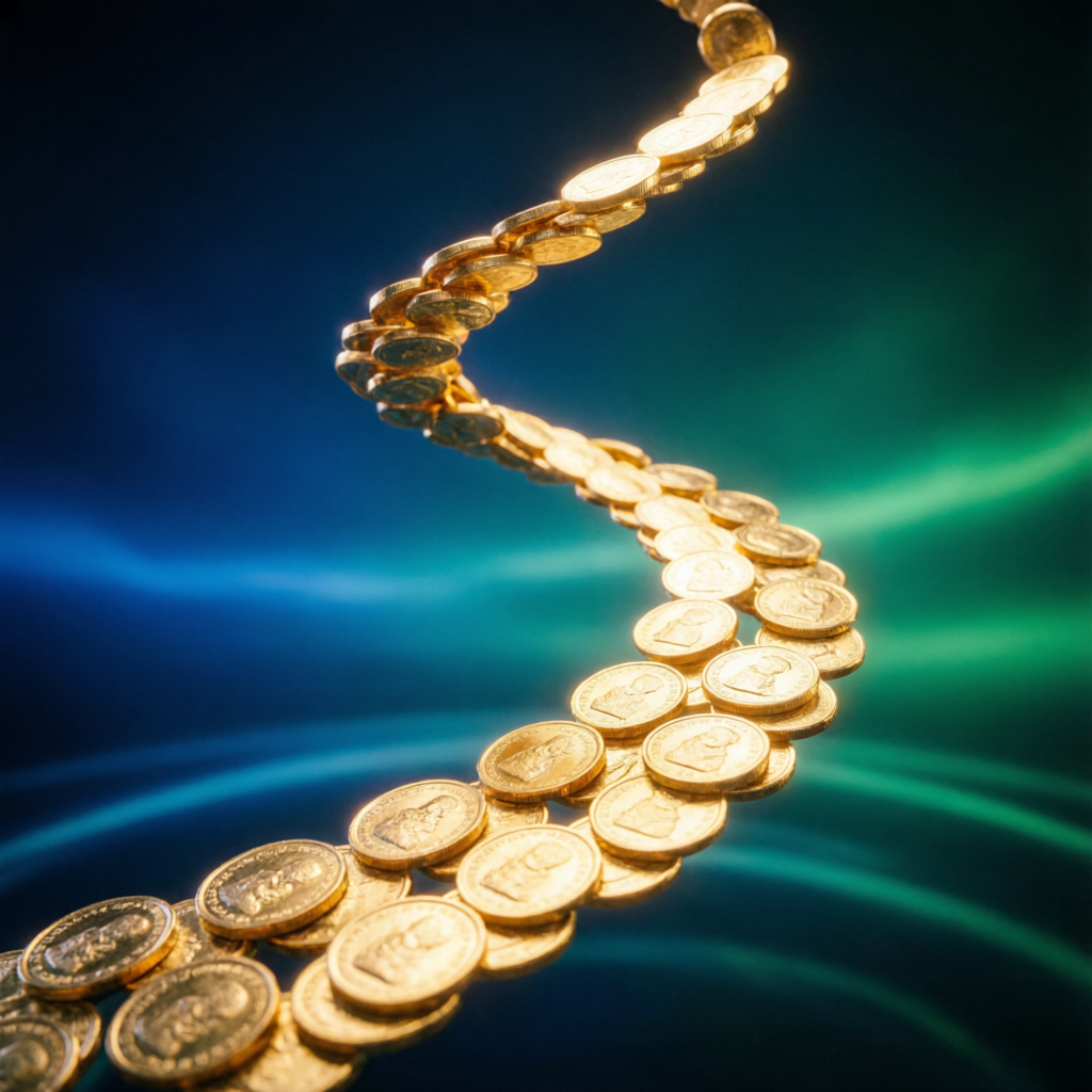Abstract visualization of trading capital growth with golden coins flowing upward representing profit scaling