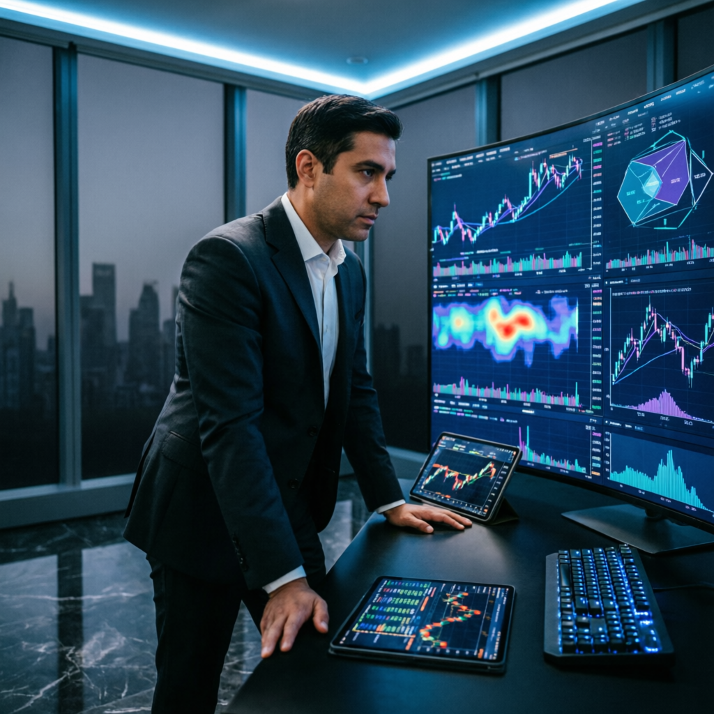 Professional trader reviewing performance analytics on multiple screens with data visualizations