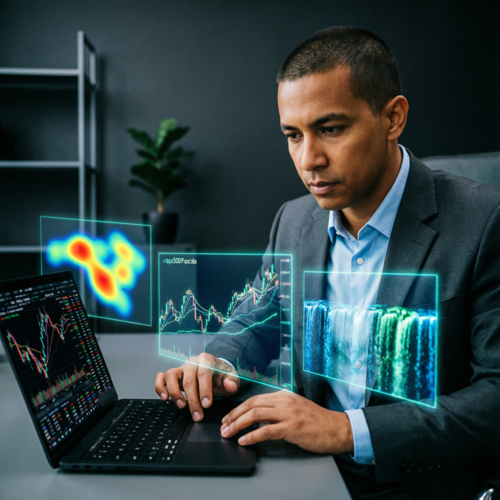 Professional trader analyzing futures market data with holographic charts and technical analysis tools