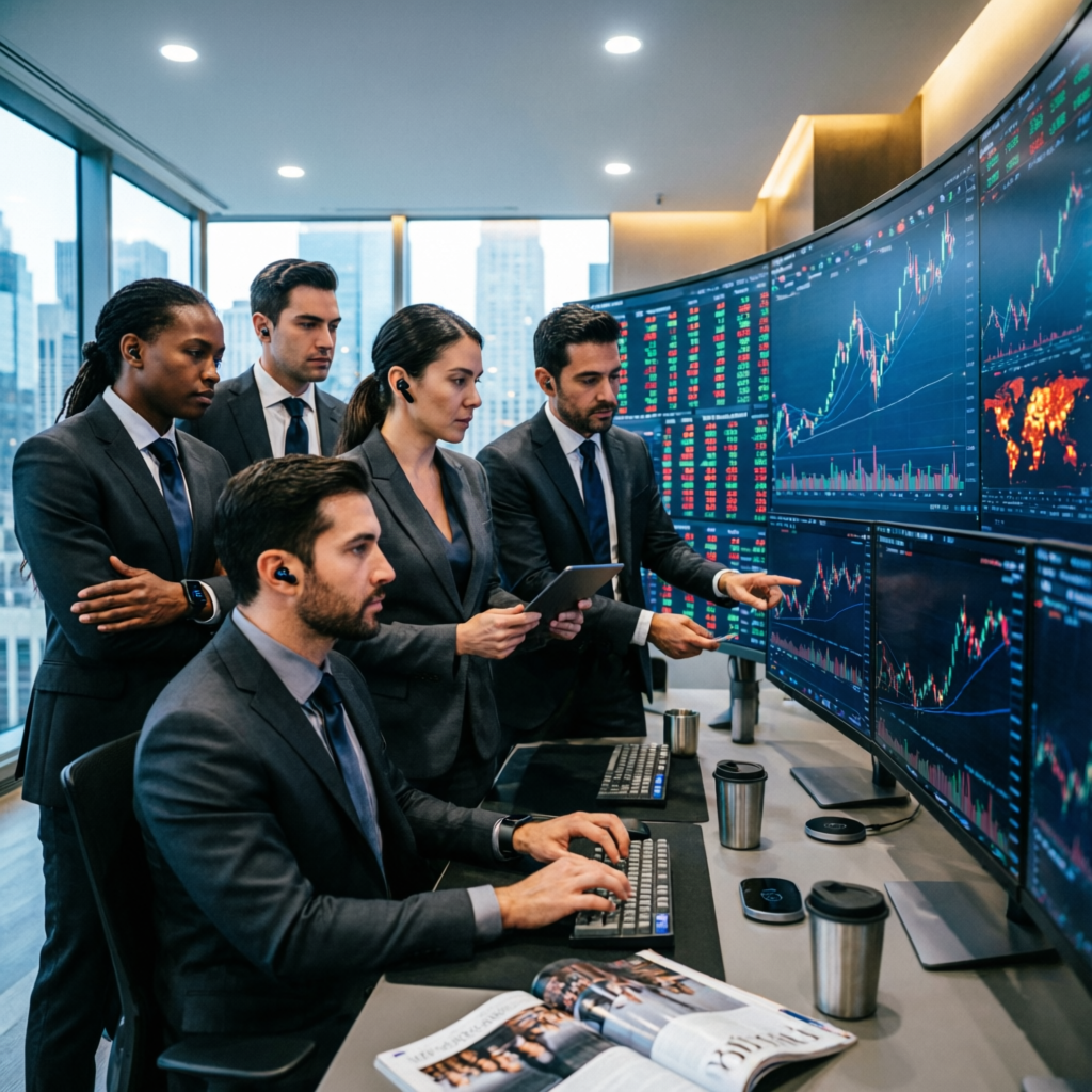 Professional trading team analyzing markets