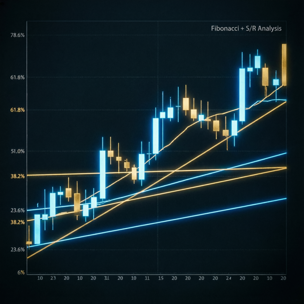 Candlestick chart with Fibonacci analysis showing drawdown levels