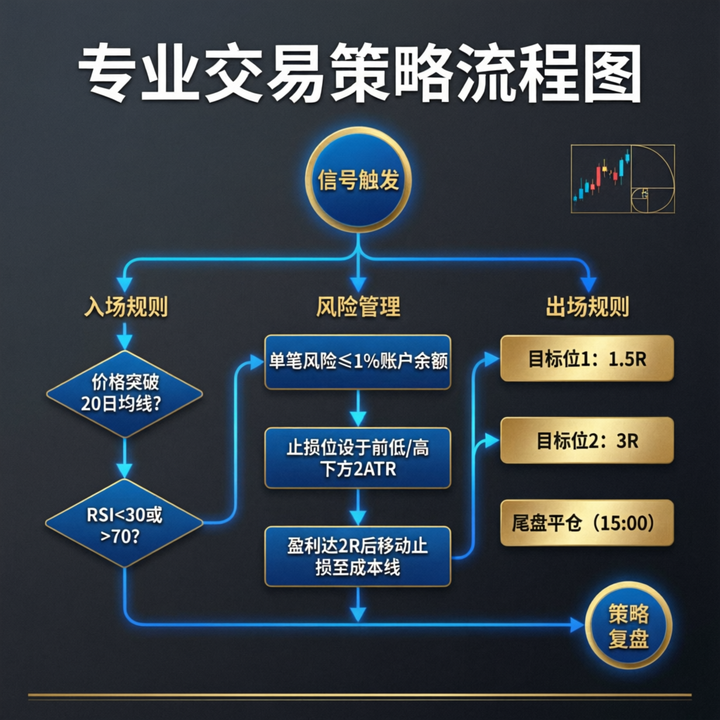 Professional trading strategy flowchart showing entry and exit rules
