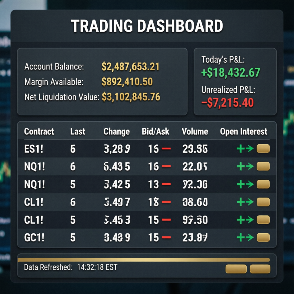 Professional trading dashboard showing futures contracts and account metrics