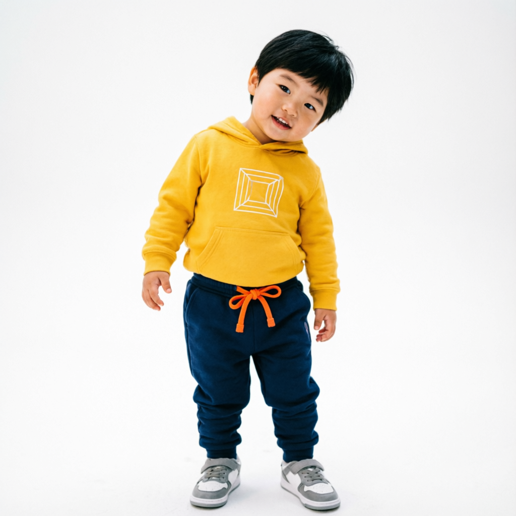 Trendy toddler outfits for everyday wear - toddler in yellow hoodie and blue pants at Seattle Kids Fashion Store, 400 9th Ave N, Seattle, WA 98109