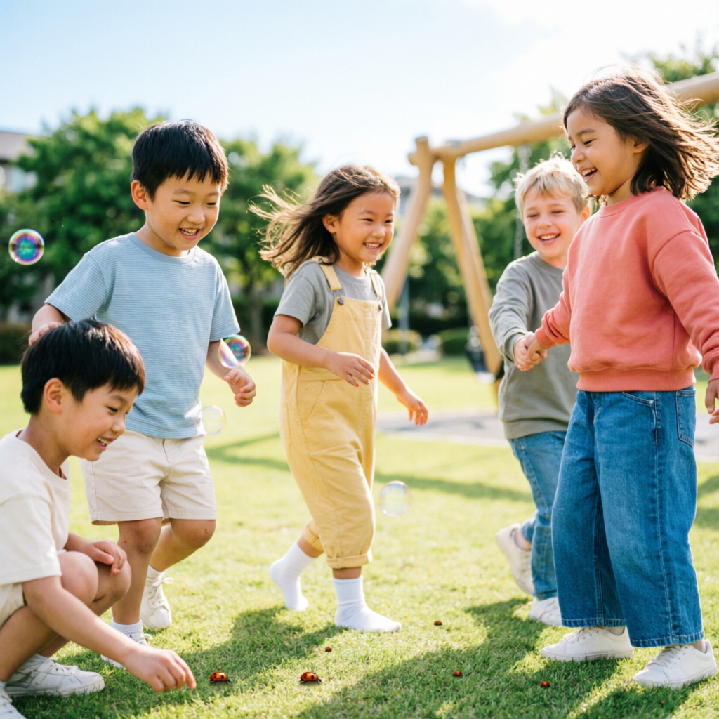 Comfortable kids outfits for all seasons - happy children playing in soft cotton clothes