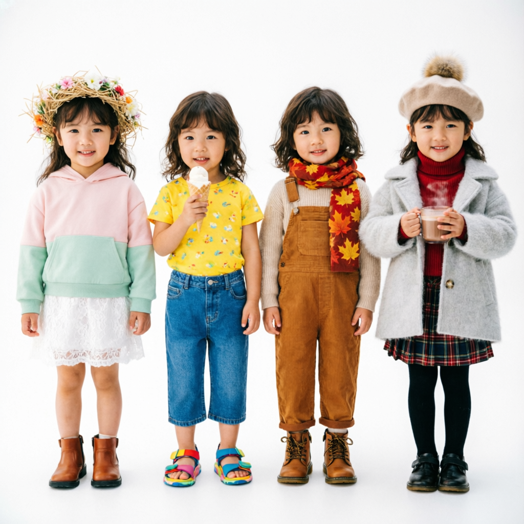 Cute kids outfits for every season - four children in spring, summer, fall, and winter outfits at Seattle Kids Fashion Store, 400 9th Ave N, Seattle, WA 98109