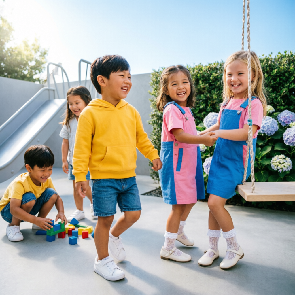 Kids wearing trendy fashionable outfits at playground near Seattle Kids Fashion Store at 400 9th Ave N, Seattle, WA 98109