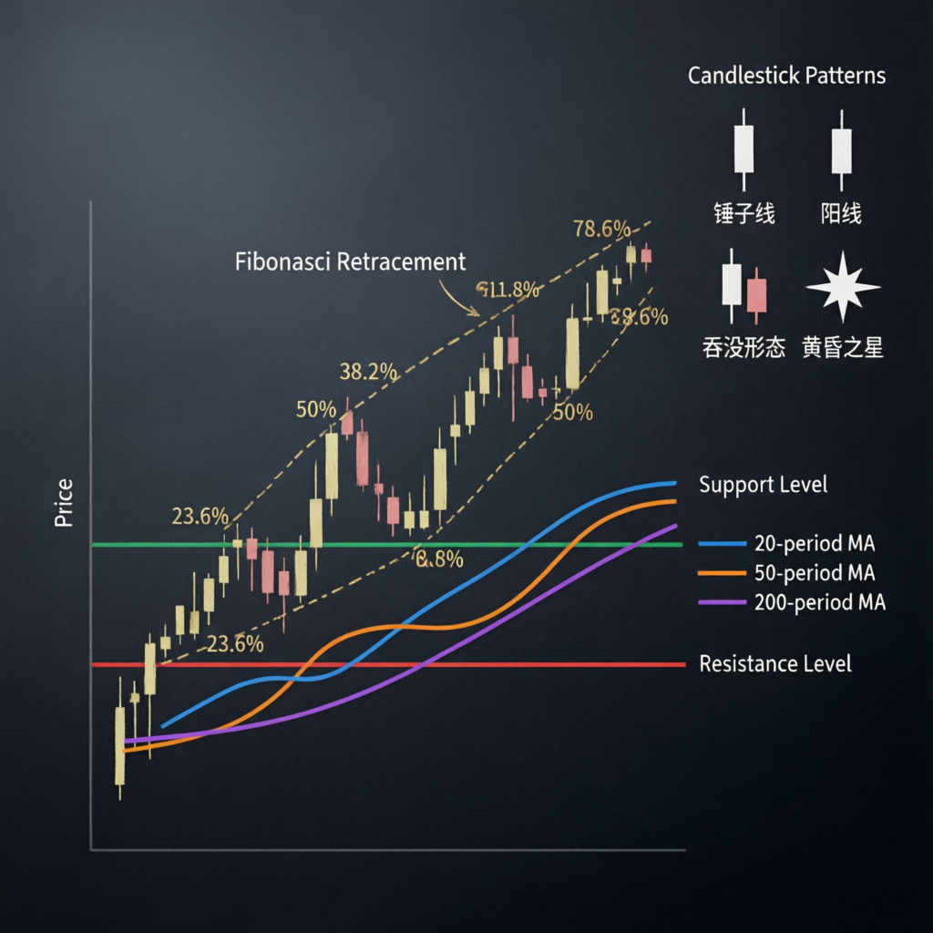 Forex trading strategies including Fibonacci, candlestick patterns, and moving averages