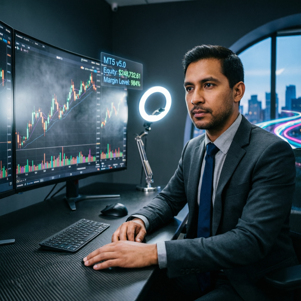 Professional trader at workstation managing Apex funded accounts
