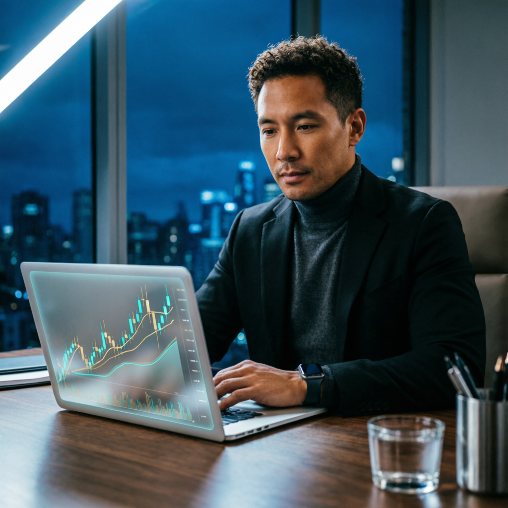 Professional trader analyzing charts on laptop for Apex strategy execution