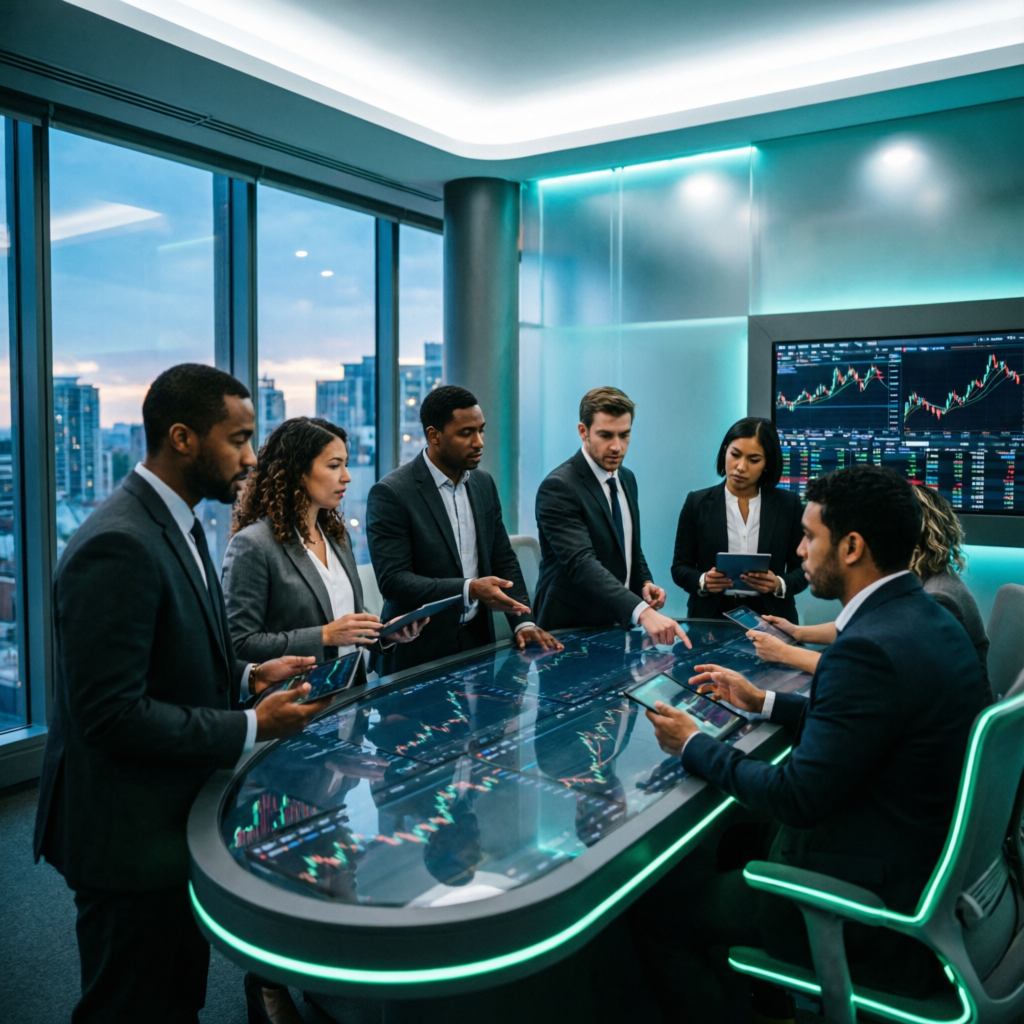 Professional prop firm trading team analyzing account strategies