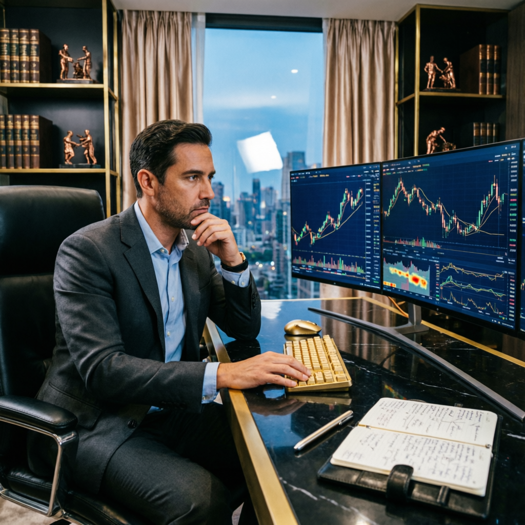 Professional trader analyzing Apex funded account charts on multiple monitors