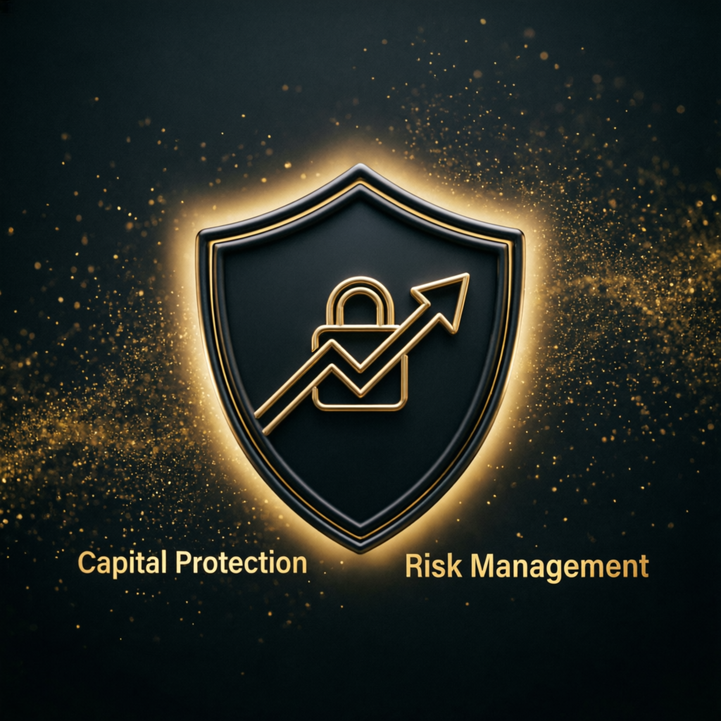 Risk management shield protecting trading capital with gold accents