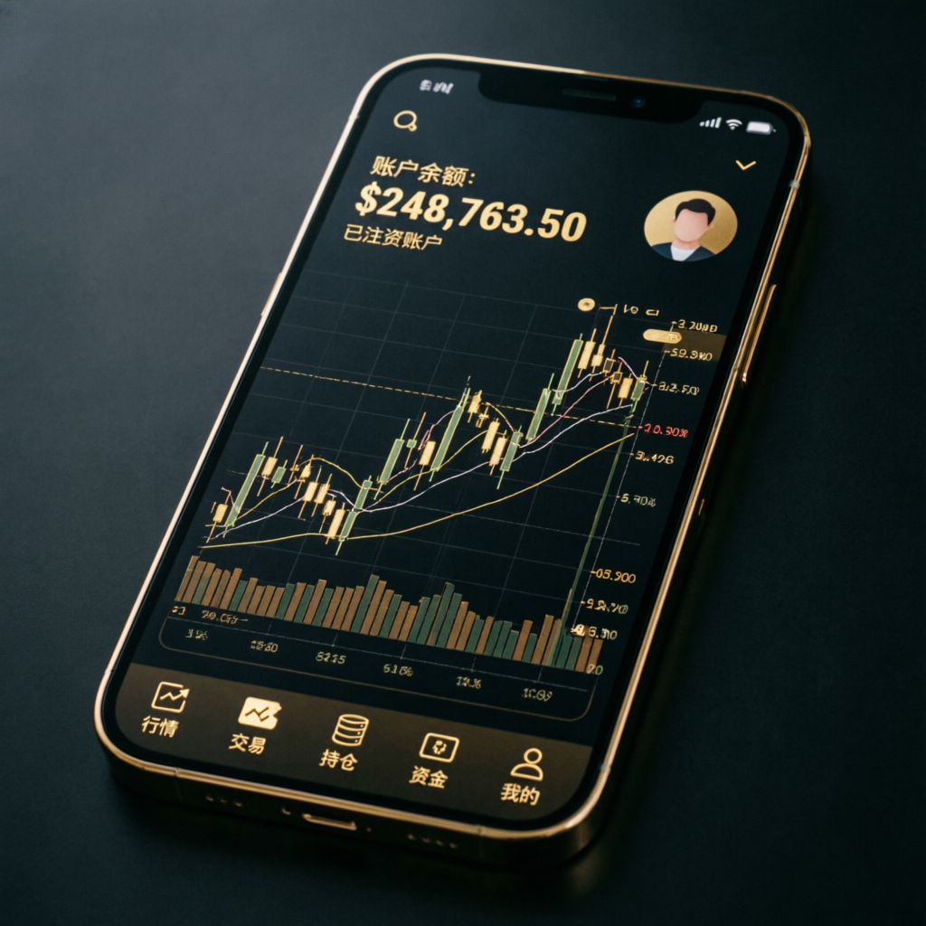 Mobile trading app showing funded account balance and charts