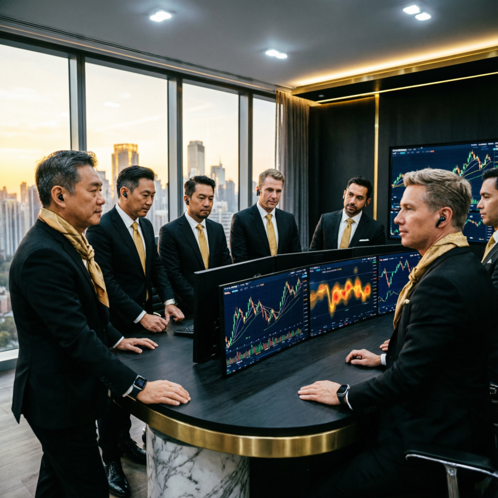 Professional trading team collaborating in luxury office environment