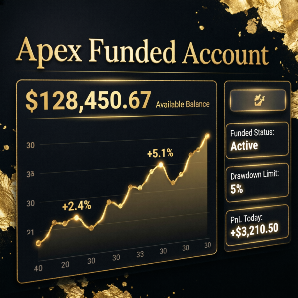 Apex Funded Account Dashboard showing trading metrics and profit charts