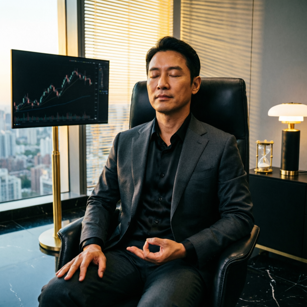 Professional trader practicing mindful trading psychology in luxury office