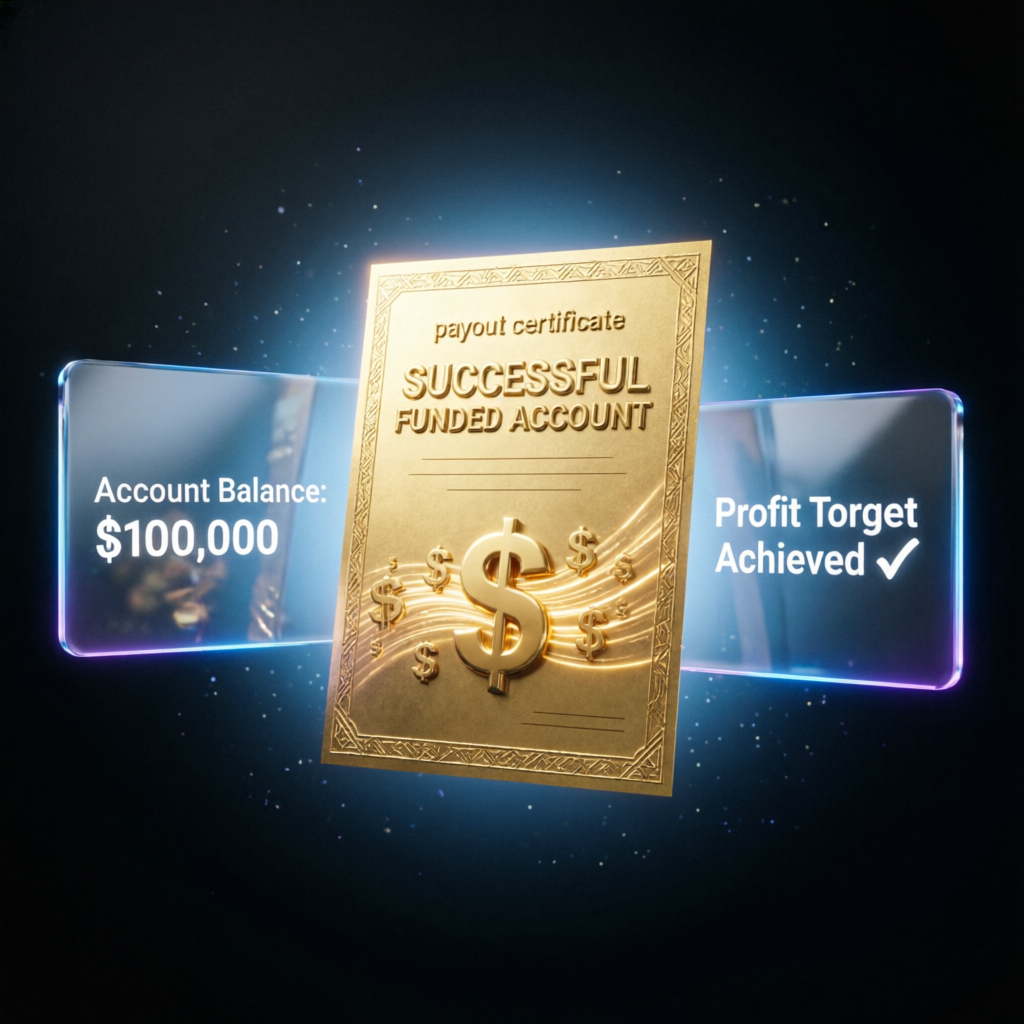 Successful funded account payout certificate with account balance and profit target achieved