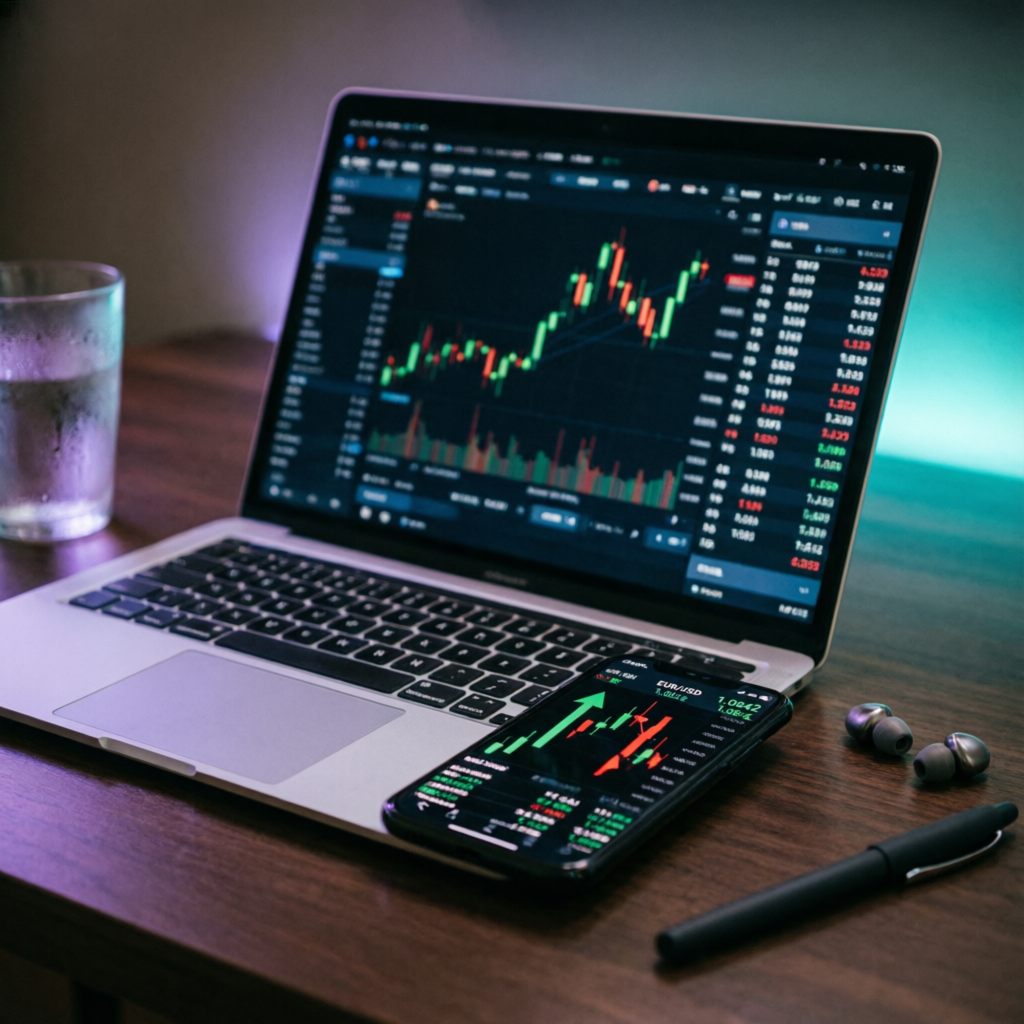 Mobile and laptop trading setup showing forex charts and trading platforms