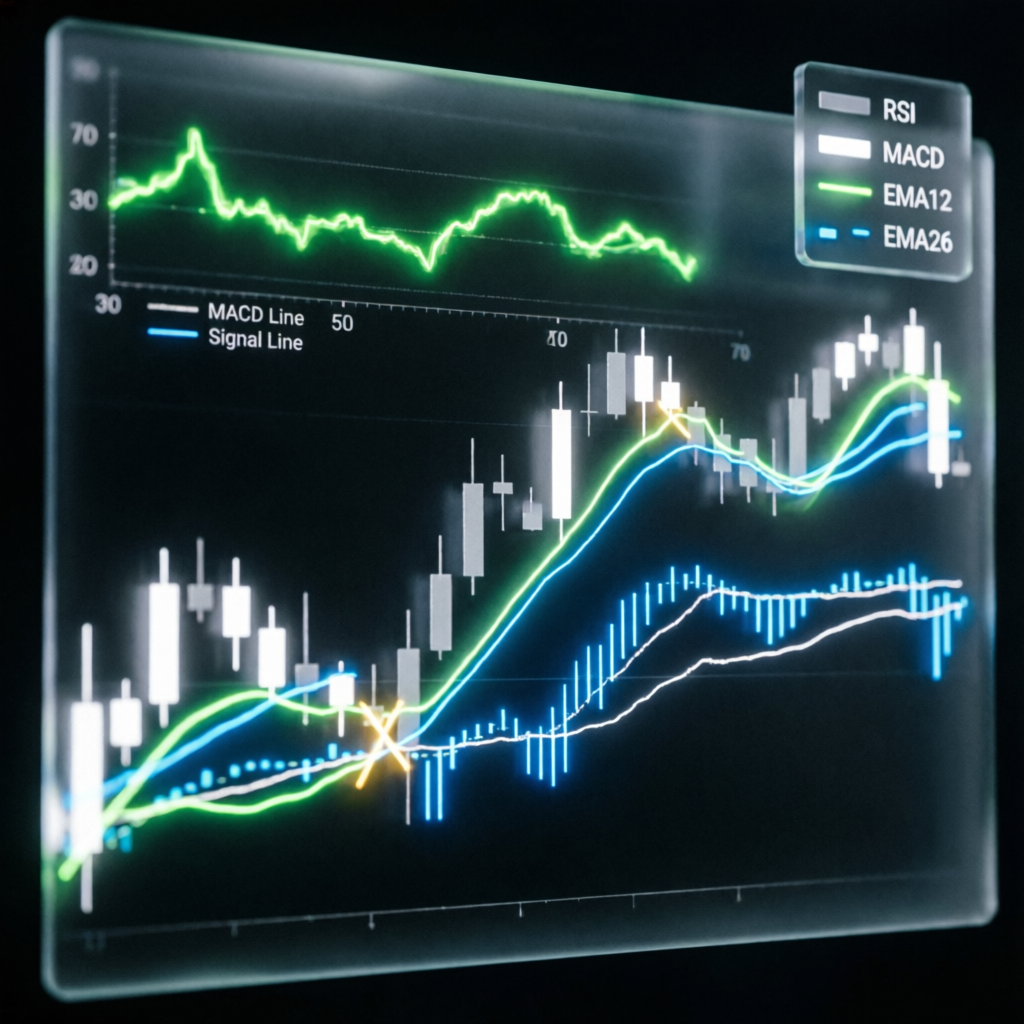 Advanced candlestick chart analysis with RSI MACD EMA indicators for Topstep trading strategy