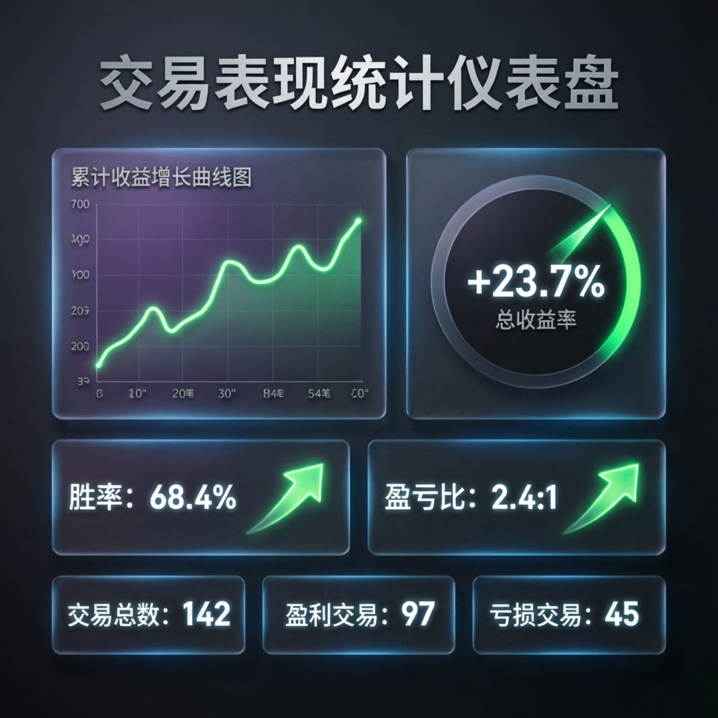 Trading performance statistics dashboard with win rate and profit metrics