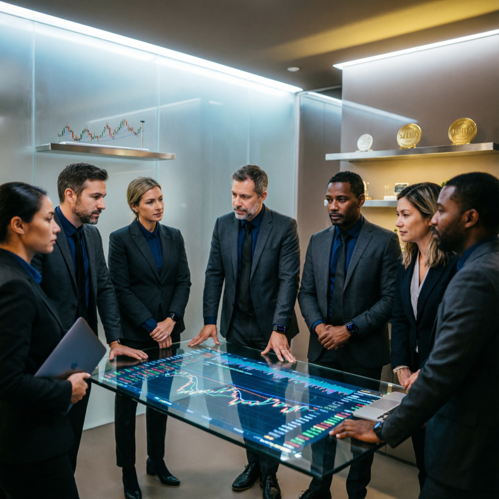 Professional trading team of experts analyzing markets