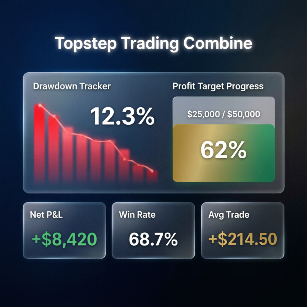 Topstep Trading Combine dashboard showing drawdown tracker and profit target progress