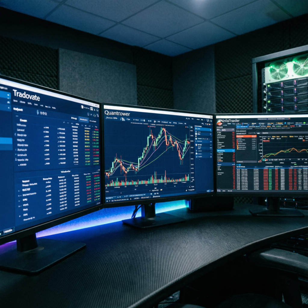 Multi-platform trading setup with Tradovate Quantower NinjaTrader monitors