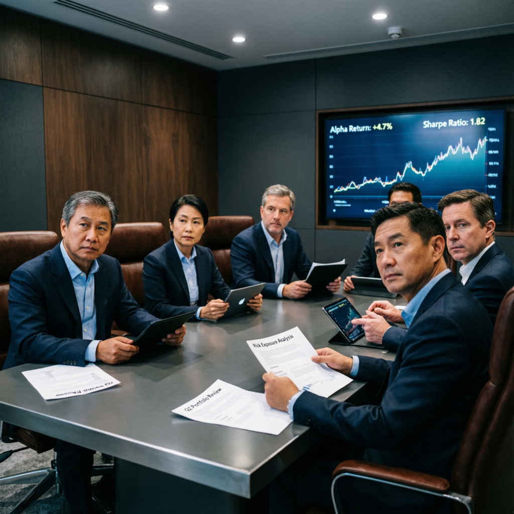 Professional fund management team meeting discussing portfolio strategy and risk analysis