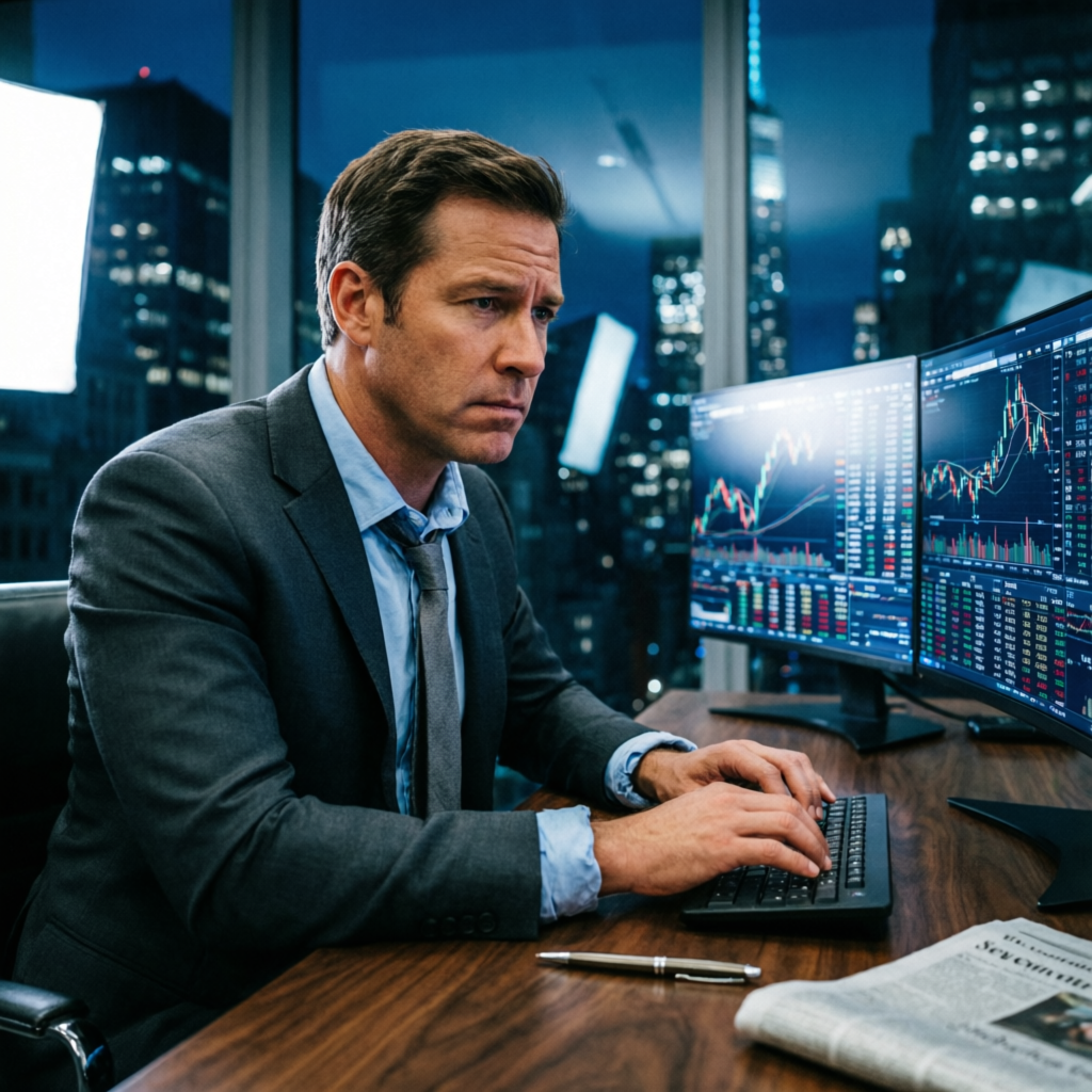 Professional forex trader working at multi-monitor setup analyzing Topstep drawdown rules